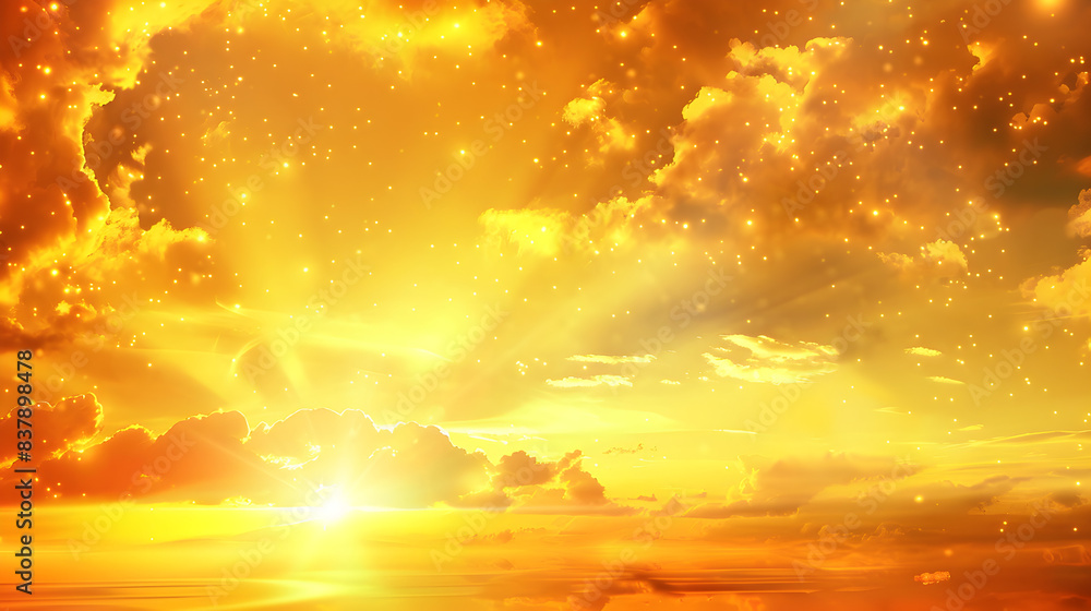 Fototapeta premium Vibrant Golden Sky Illustration with Glowing Sun, Dramatic Clouds, and Sparkling Light