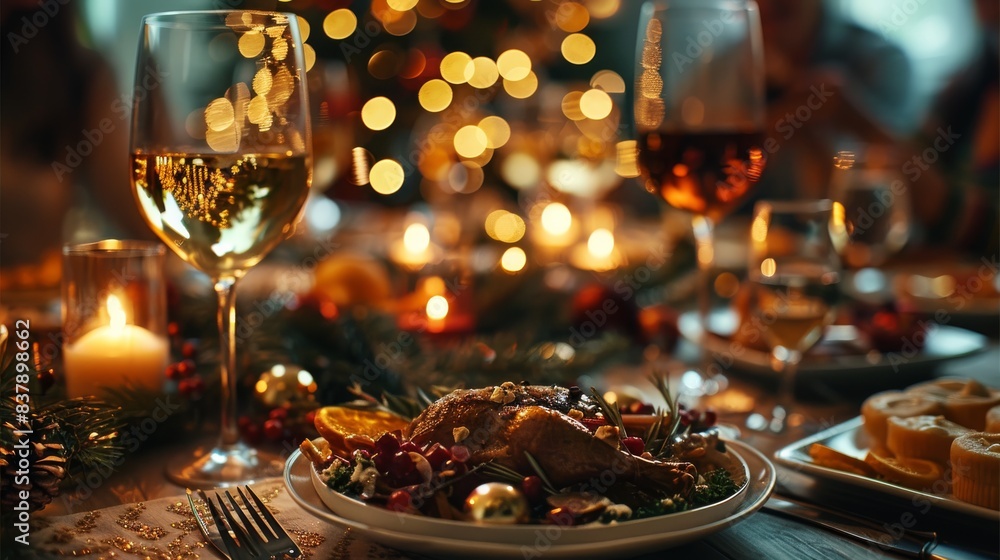 New Year, people sitting near the table with a festive dinner, joyful atmosphere. Generative AI. New Year, people sitting near the table with a festive dinner, joyful atmosphere. Generative AI.