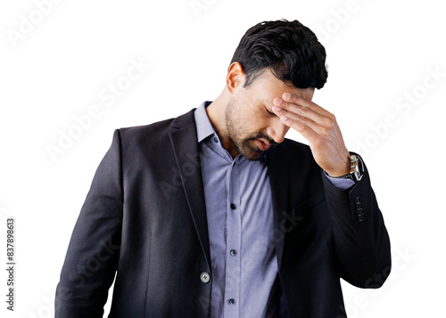 Stressed businessman touching his head transparent png
