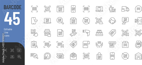 Barcode Line Editable Icons set. Vector illustration in modern thin line style of technology related icons: QR code, product, scanner, and other. Pictograms and infographics for mobile apps.