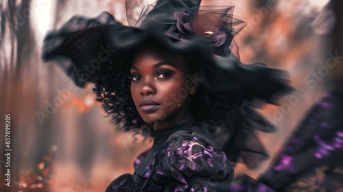 young black woman witch with a witch hat, black and mauve clothes in motion, blur for Halloween