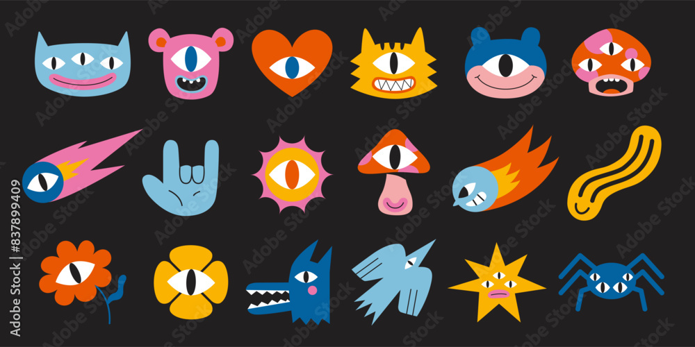 Obraz premium Set of various funny cartoon characters like monsters, heart, flower, bird, mushroom and star. Trendy modern vector illustration, hand drawn, textured effect, flat design