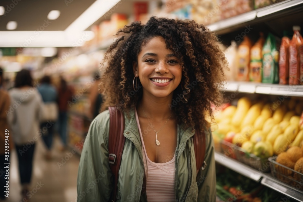 Woman shopping in grocery store produce aisle Woman shopping in grocery store produce aisle