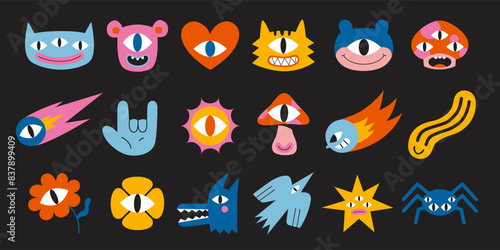 Set of various funny cartoon characters like monsters, heart, flower, bird, mushroom and star. Trendy modern vector illustration, hand drawn, textured effect, flat design
