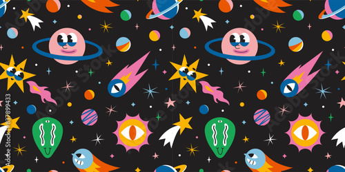 Seamless pattern with cute outer space elements. Cosmic background with funny cartoon characters, alien, planet, comet and stars. Trendy modern vector illustration, hand drawn, flat design