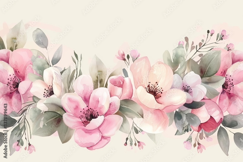 elegant floral mothers day banner with blooming spring flowers and calligraphy watercolor illustration