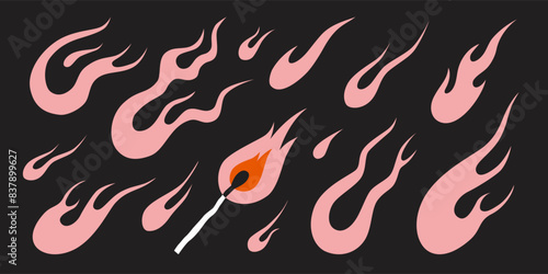 Set with various flames, fire and match in y2k aesthetic, vintage cartoon, old school tattoo neo tribal style. Trendy modern vector illustration, hand drawn, flat design.