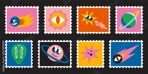 Set of cute hand-drawn post stamps with funny cartoon space elements like planet, comet, star, sun and alien. Trendy modern vector illustartions, flat design