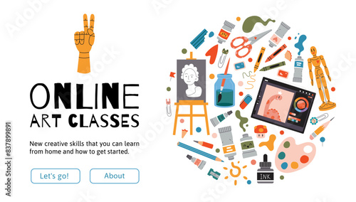 Online art classes web banner, Digital internet tutorials and creative courses, e-learning. Distance education concept. Artistic supplies, stationery and work tools. Vector cartoon illustration