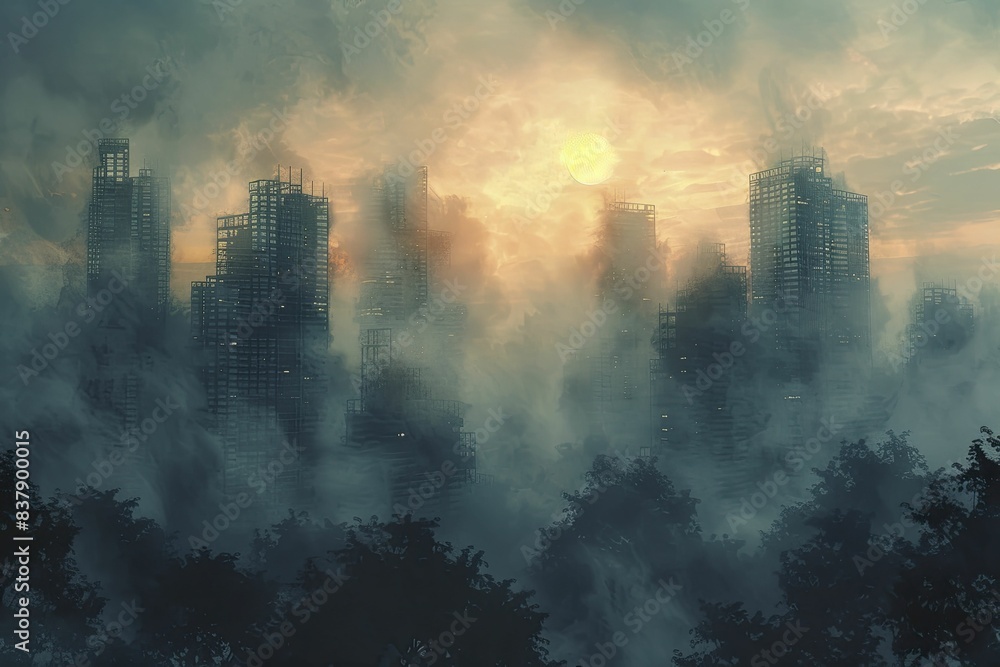 Obraz premium Envision future successes through the mist of the bustling cityscape.