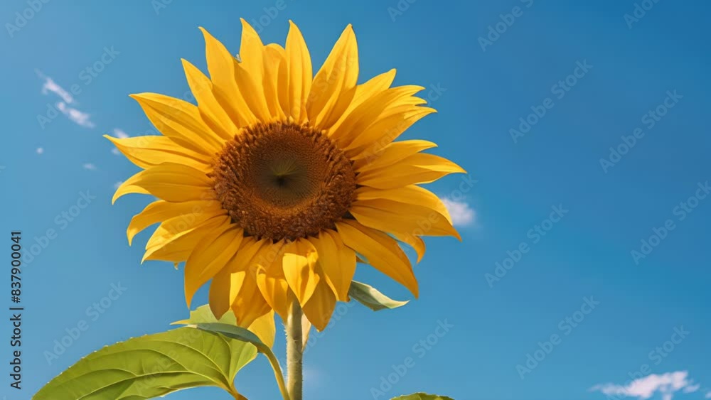 A bright yellow sunflower blooms against a clear blue summer sky A bright yellow sunflower blooms against a clear blue summer sky