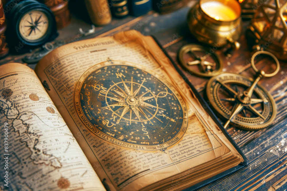 Fototapeta premium Vintage navigation tools with old maps and a compass.