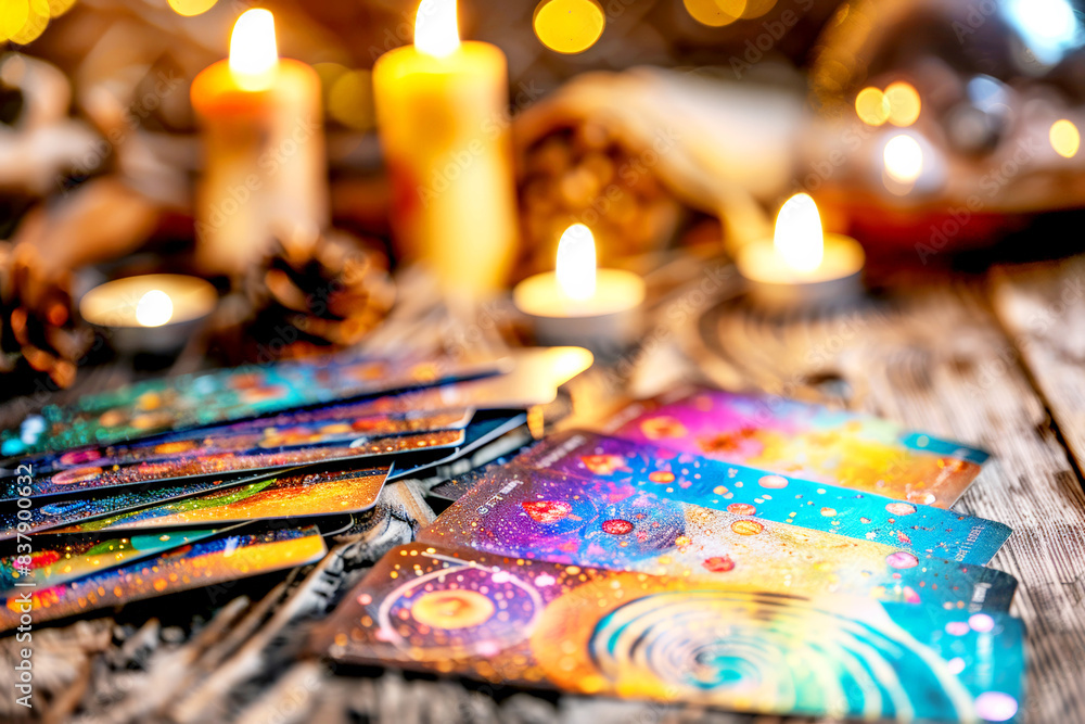 Tarot reading setup with candles and a crystal ball.