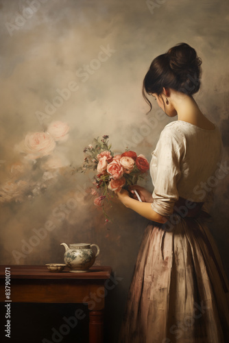 regency style painting of young woman with flowers
