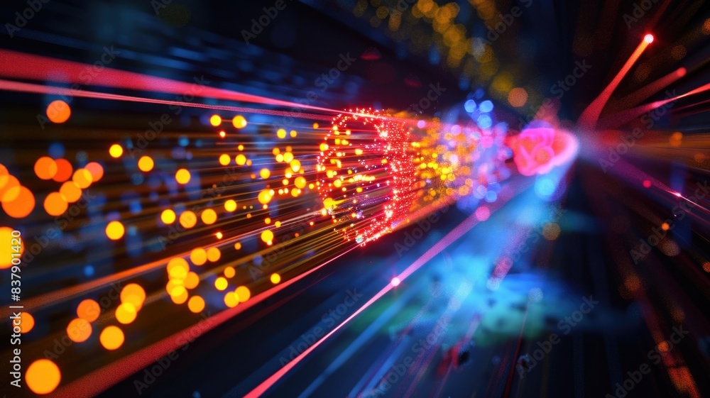 Visualize a secure quantum key distribution (QKD) system in an optical network, with entangled photons illustrating encryption Visualize a secure quantum key distribution (QKD) system in an optical network, with entangled photons illustrating encryption