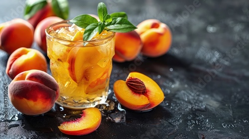 Fresh peach summer cocktail and peaches closeup dark background.