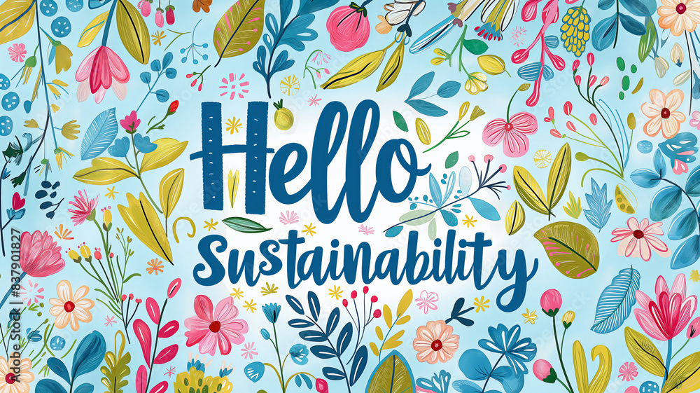 Creative illustration with pattern of flowers and sign Hello Sustainability. Creative illustration with pattern of flowers and sign Hello Sustainability.