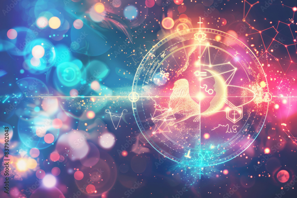 Vibrant astrological symbols in a colorful, cosmic background. Vibrant astrological symbols in a colorful, cosmic background.