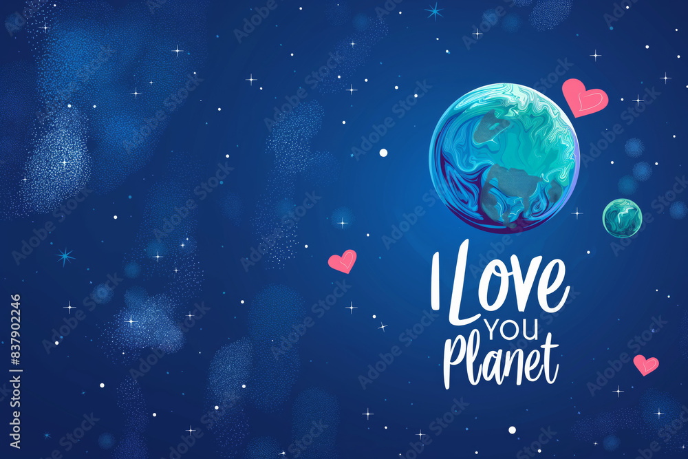 Naklejka premium Creative illustration for Earth Day. Blue background with Earth planet and sign I Love You Planet.