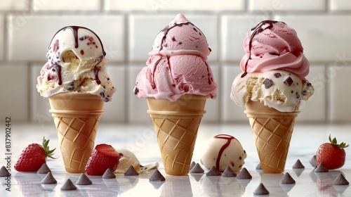 A three delicious ice cream cones. The first cone of creamy vanilla ice cream, the second cone of strawberry ice cream, and the third cone of chocolate chip ice cream drizzled. Generative AI. photo