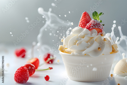 bingsu icream, clean light, bright lighting, soft toned, minimal style, white background photo