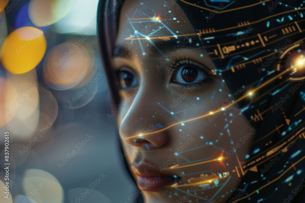 A closeup of a woman face wearing hijab with futuristic digital symbols, lines illuminating her face, focus on her pupils A closeup of a woman face wearing hijab with futuristic digital symbols, lines illuminating her face, focus on her pupils