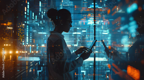 A woman is conducting business in the background of buildings and neon lights.