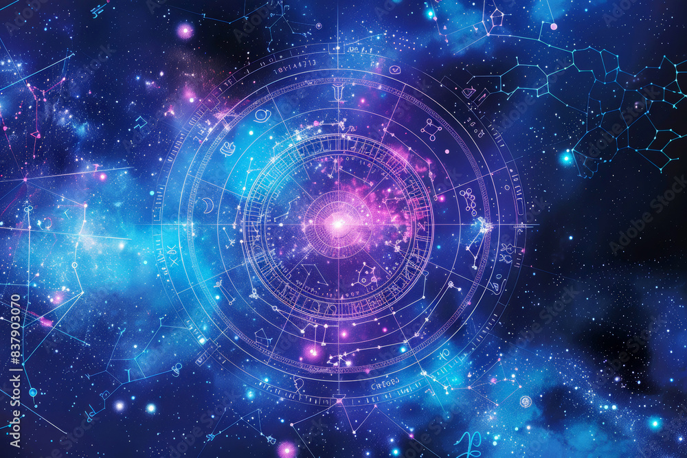 Obraz premium Bright and colorful astrological chart with cosmic background.