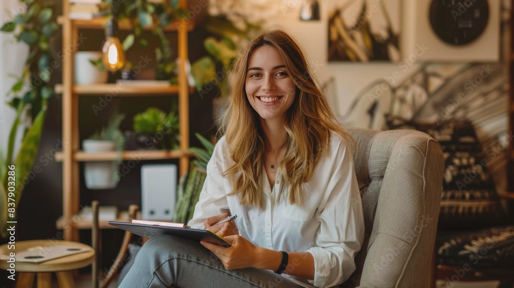 Happy professional psychologist woman sitting in chair writing on clipboard, looking and smiling at camera, working in modern office. Happy professional psychologist woman sitting in chair writing on clipboard, looking and smiling at camera, working in modern office.