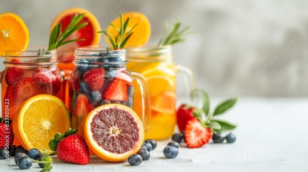 A row of mason jars filled with colorful fruit-infused water, featuring slices of strawberries, blueberries, cucumbers, lemons, oranges, and mint leaves. A row of mason jars filled with colorful fruit-infused water, featuring slices of strawberries, blueberries, cucumbers, lemons, oranges, and mint leaves.