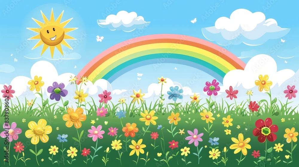 Colorful illustration of a vibrant rainbow arching over a green field with blooming flowers, fluffy clouds, and a bright sun in a blue sky. Cheerful spring landscape concept. Colorful illustration of a vibrant rainbow arching over a green field with blooming flowers, fluffy clouds, and a bright sun in a blue sky. Cheerful spring landscape concept.