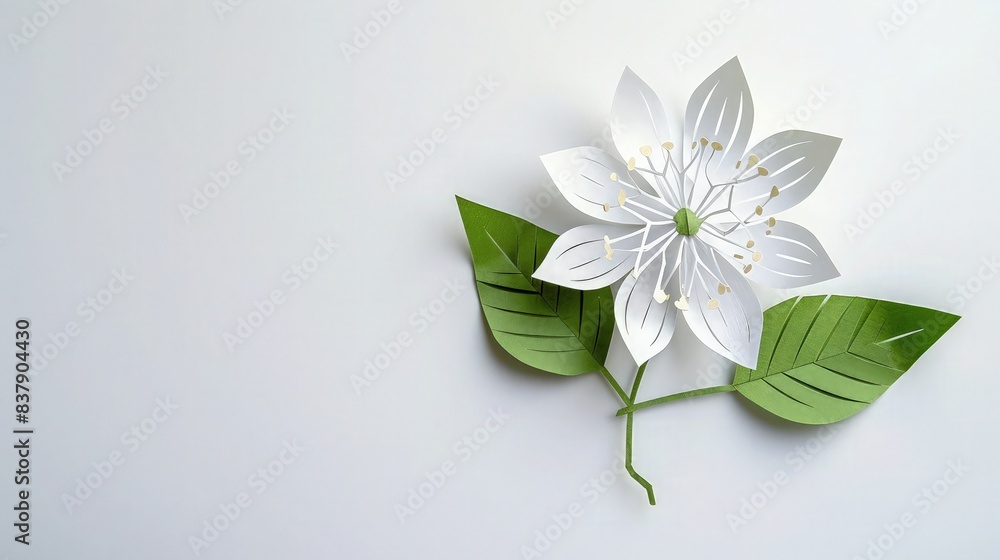 One intricate paper cut work flower with two green leaves, isolated on a white background in the middle of the page, highlighting its craftsmanship. One intricate paper cut work flower with two green leaves, isolated on a white background in the middle of the page, highlighting its craftsmanship.