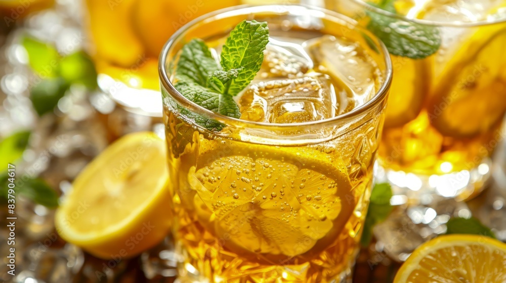 Refreshing iced tea with lemon and mint leaves served in glasses, perfect for a summer day or a relaxing drink. Refreshing iced tea with lemon and mint leaves served in glasses, perfect for a summer day or a relaxing drink.