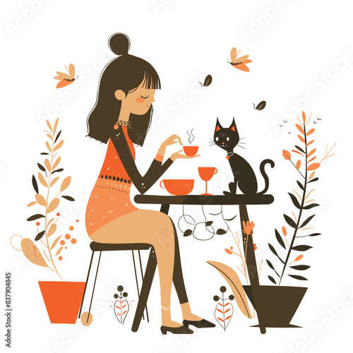Young woman seated sipping coffee, cat table companion, relaxing autumn theme. Smiling lady enjoys hot drink, pet cat, serene cafe setting, fall foliage. Orange dress, content feline friend, coffee