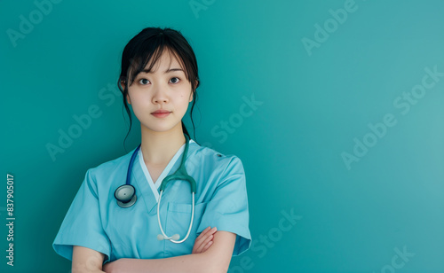 Confident asianFemale Nurse Standing Against Green Background Exuding Professionalism photo