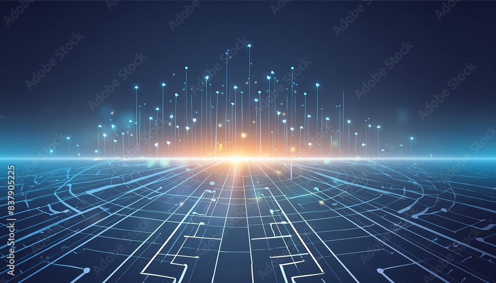 Obraz premium A futuristic digital landscape featuring a grid pattern and interconnected nodes, illuminated by glowing lines and a vibrant horizon. 