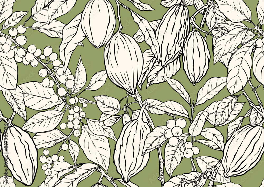 custom made wallpaper toronto digitalCoffee tree. Branch with leaves and berries. Cocoa tree branch with cocoa beans, chocolate beans, Seamless pattern, background. Vector illustration. In botanical style