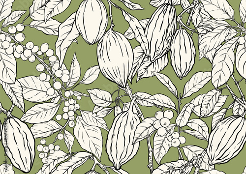 Coffee tree. Branch with leaves and berries. Cocoa tree branch with cocoa beans, chocolate beans, Seamless pattern, background. Vector illustration. In botanical style