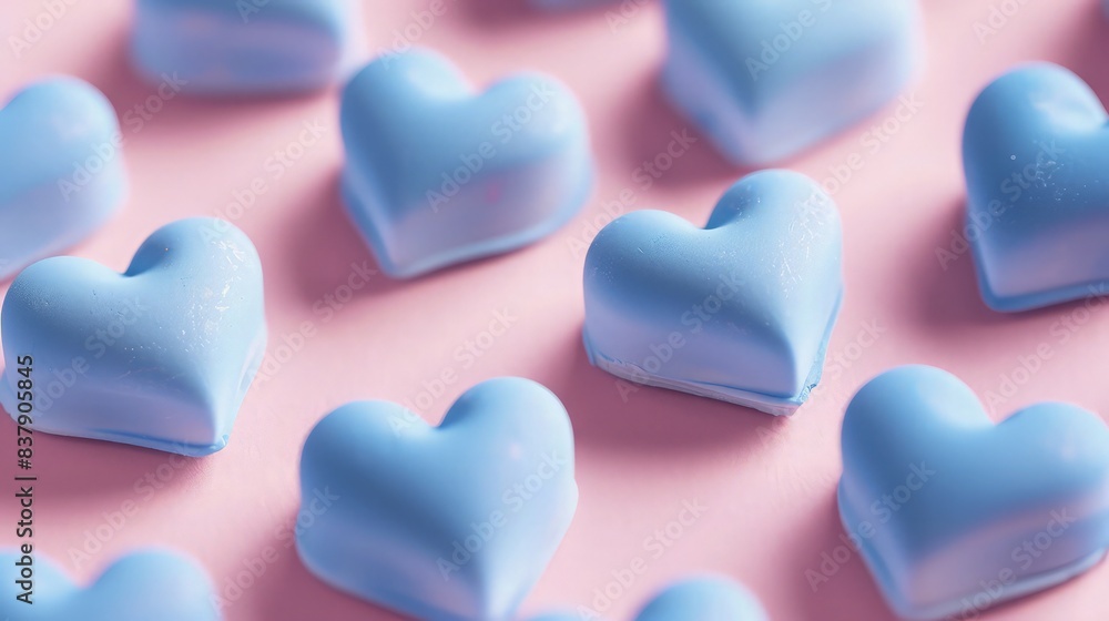 Soft baby pink background with cobalt blue hearts, close-up view. Soft baby pink background with cobalt blue hearts, close-up view.