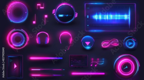 Icons for user interface and web design featuring futuristic neon media control elements. photo