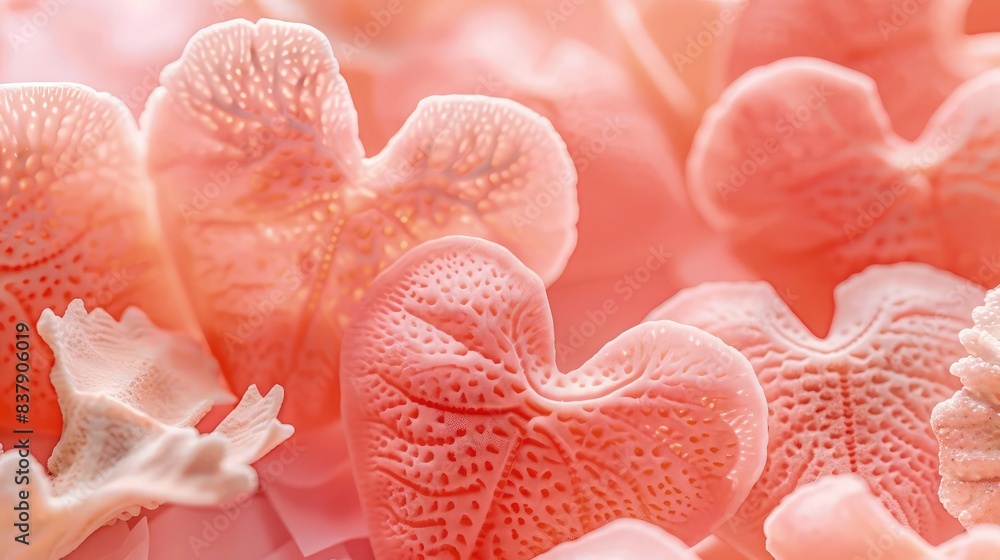 Soft baby pink background with coral hearts, close-up view. Soft baby pink background with coral hearts, close-up view.