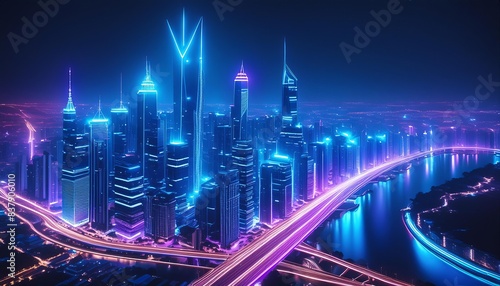 A futuristic cityscape illuminated by vibrant neon lights, featuring glowing skyscrapers and a sleek, modern aesthetic. 