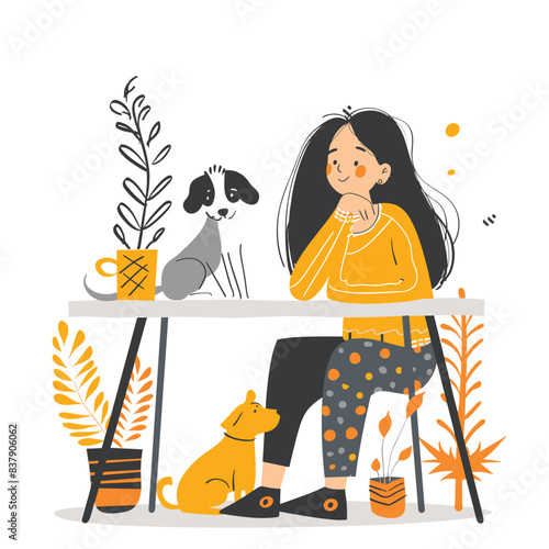 Young woman sitting table lost thought, surrounded two cute dogs, enjoying peaceful home atmosphere. Girl contemplating while pets patiently wait, cozy indoor scene houseplants, yellow cup. Cartoon