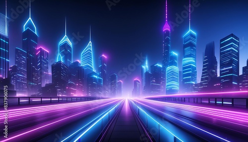 A futuristic cityscape illuminated by vibrant neon lights, featuring glowing skyscrapers and a sleek, modern aesthetic. 
