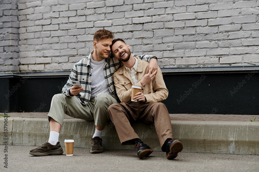 Two men in casual attire sitting happily together by a brick wall. Two men in casual attire sitting happily together by a brick wall.