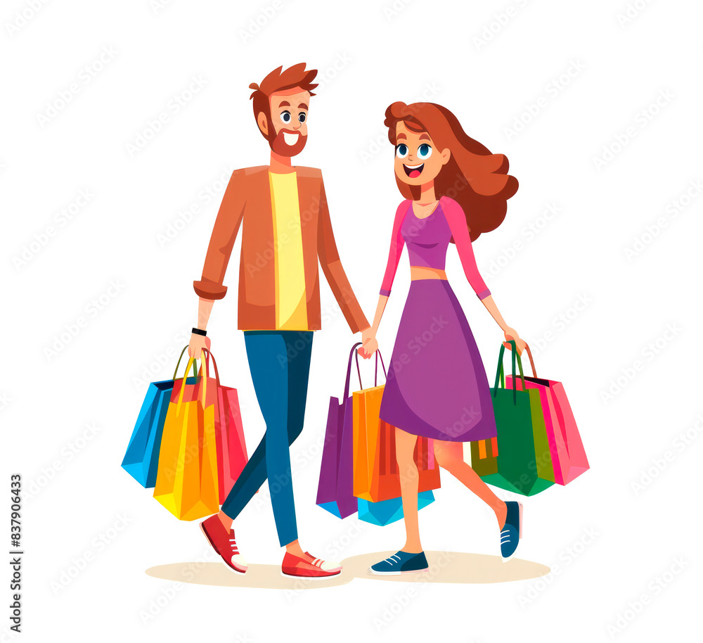 Illustration of a cheerful couple holding shopping bags and colorful gift boxes, enjoying a shopping spree together.
Illustration of a cheerful couple holding shopping bags and colorful gift boxes, enjoying a shopping spree together.