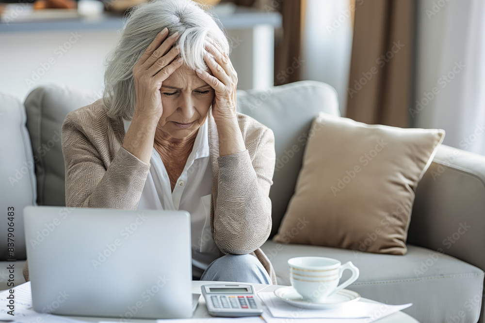 An older woman sits on a couch in her living room, looking distressed. She has her hands on her head, and there are papers and a calculator in front of her, suggesting that she is struggling with An older woman sits on a couch in her living room, looking distressed. She has her hands on her head, and there are papers and a calculator in front of her, suggesting that she is struggling with