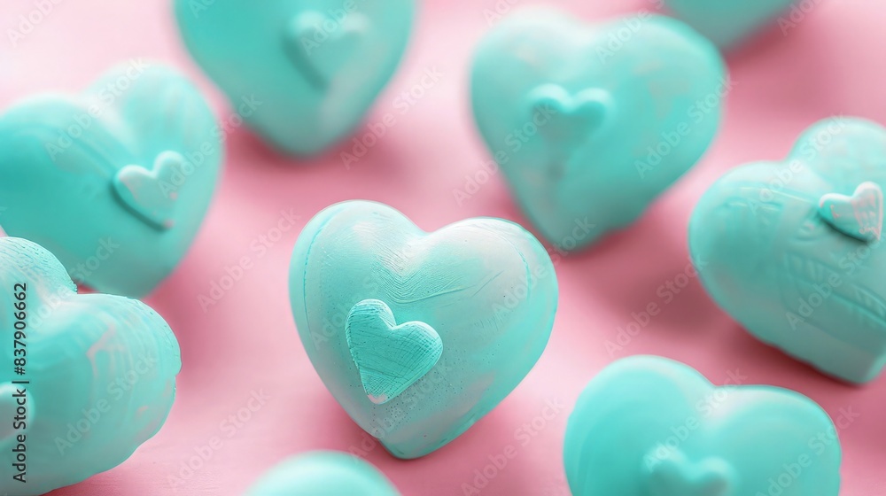 Obraz premium Teal heart shaped candies with embossed details are arranged on a solid pink backdrop for use as a food background in confectionary branding or social media posts.