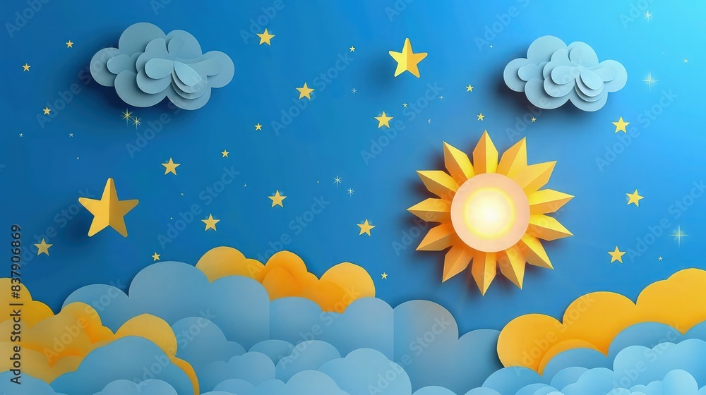 Stars twinkling brightly among layered paper-cut clouds, as a glowing paper sun rises against a vibrant blue background. The scene captures the charm of paper art with realistic shadows. Stars twinkling brightly among layered paper-cut clouds, as a glowing paper sun rises against a vibrant blue background. The scene captures the charm of paper art with realistic shadows.