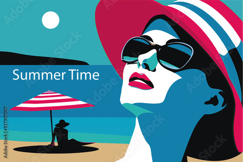 A woman in sunglasses and a hat relaxes on the beach under a striped umbrella